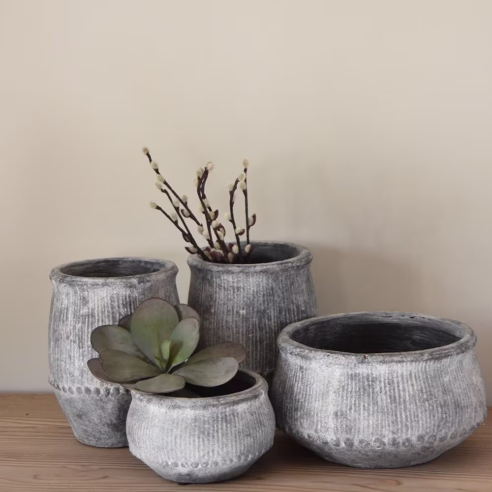 Grey Ribbed Stone Planter - Outdoor Patio Pots, New Home Gifts, Indoor Plant Pots