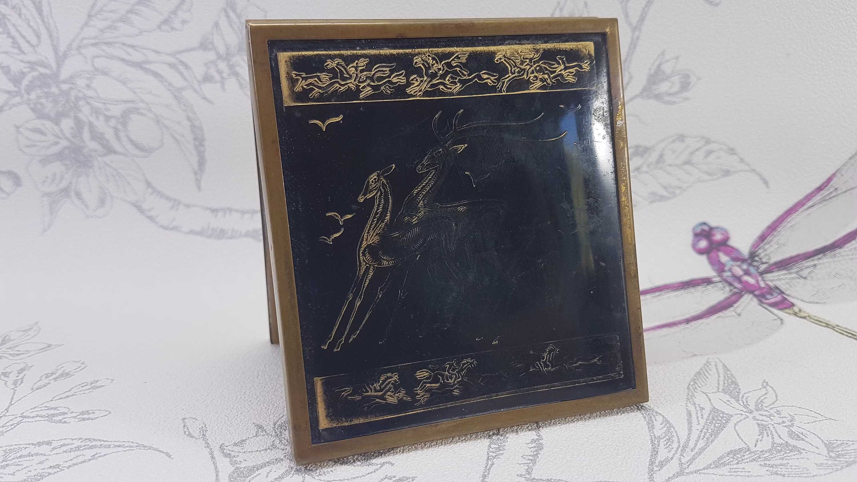 Vintage Compact Mirror, Art Deco Powder Compact, Black & Gold Gifts For Collectors