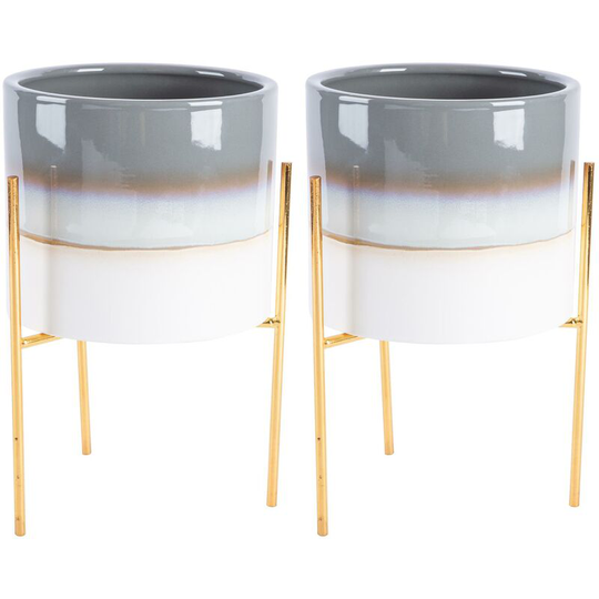 Reactive Glaze Plant Pots on Stands - 19cm - Grey/Gold - Pack of 2 - Nicola Spring