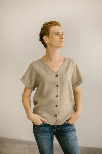 Organic Linen Shirt Toma, Plus Size Blouse, Women Button Down For Summer, Linen Tops Women, V Neck Top