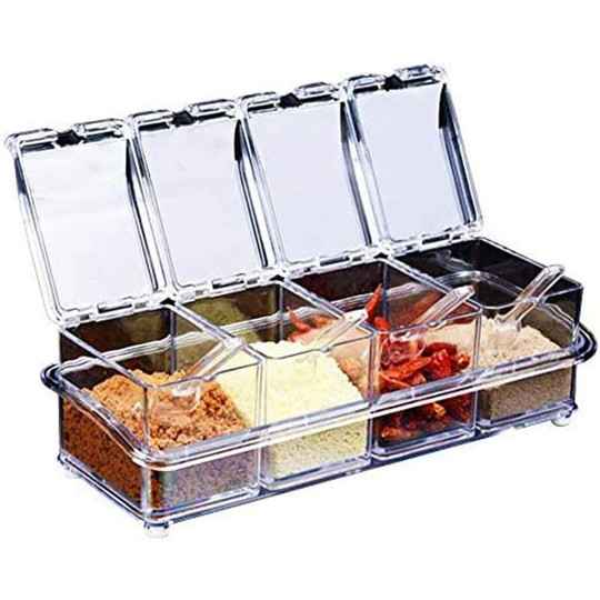 Seasoning Box Set, 4 Pieces Condiment Jars Storage Containers, Transparent Multifunction 4 in 1 Plastic Seasoning Box with Lid and Spoon for Spices,