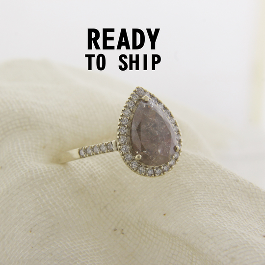 Pear Cut Salt & Pepper Diamond Ring, Wedding Anniversary Unique Engagement Halo Valentine Day Gift For Her