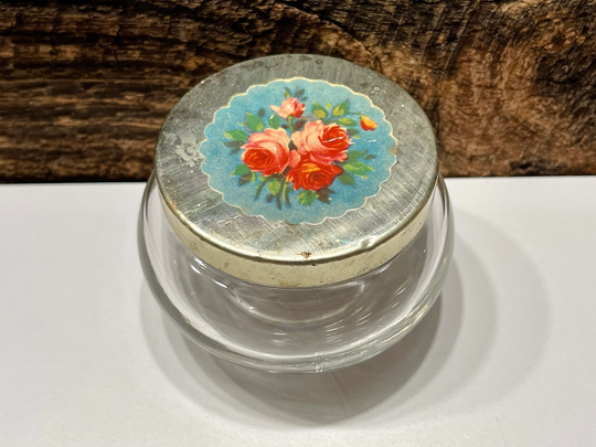 Vintage Floral Vanity Powder Jar, Crystal Glass Gold Tone Screw Top Cover, Red Rose Top, Box, Decor
