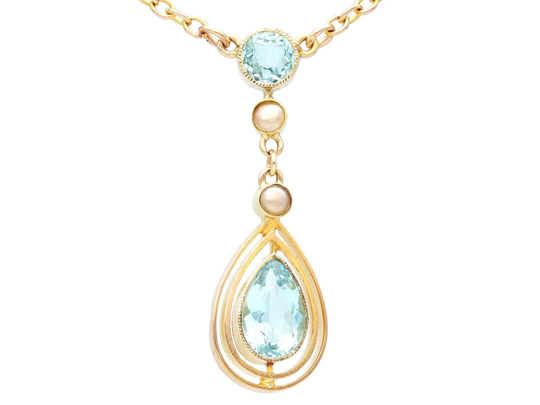 Antique 1.13Ct Aquamarine & Seed Pearl Yellow Gold Necklace