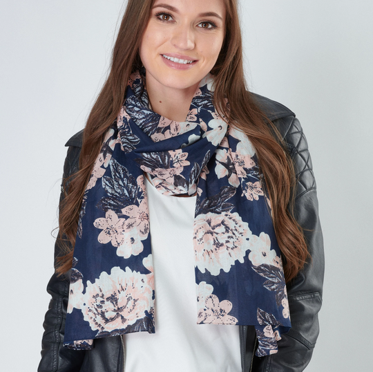Organic Cotton Scarf Women's Navy Blue Salmon Pink & White Floral