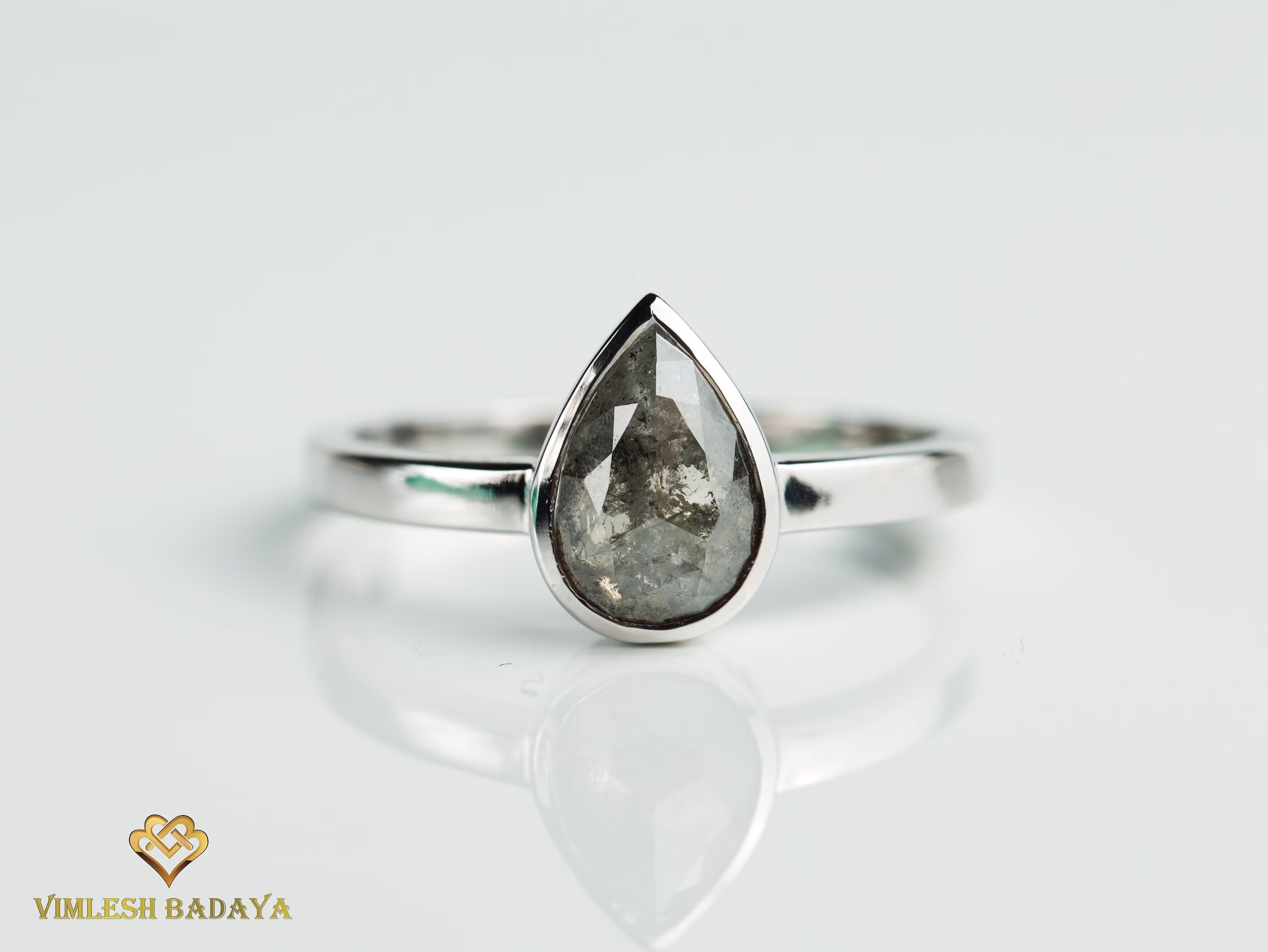 Gray Diamond Ring, Salt & Pepper Diamond, Pear Cut, Rose Cut Diamond Engagement Bezel Setting, Solitaire Stone Ring