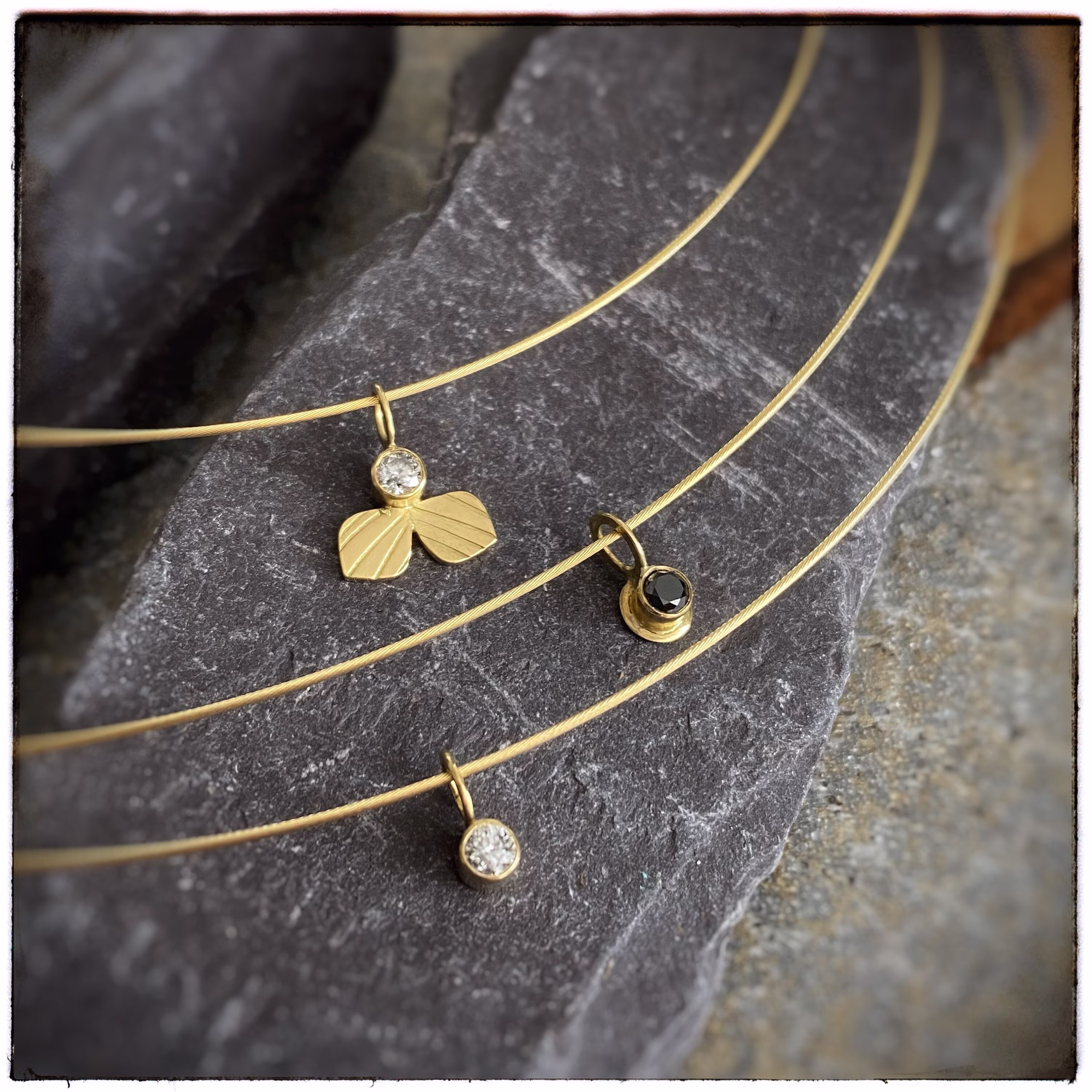Solid Gold & Diamond Pendant, Handmade Simple Modern 18Ct Yellow Gold Pendant With Salt N Pepper Or Black