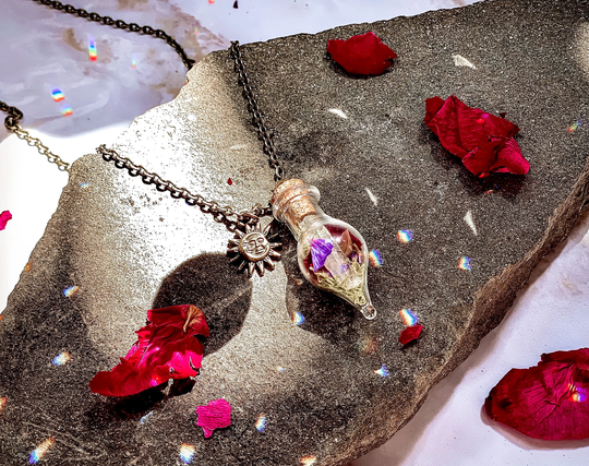 Spell Bottle Necklace, Sun & Moon Charm Necklace, Bronze Witch Jewelry, Handmade Crystal Necklace