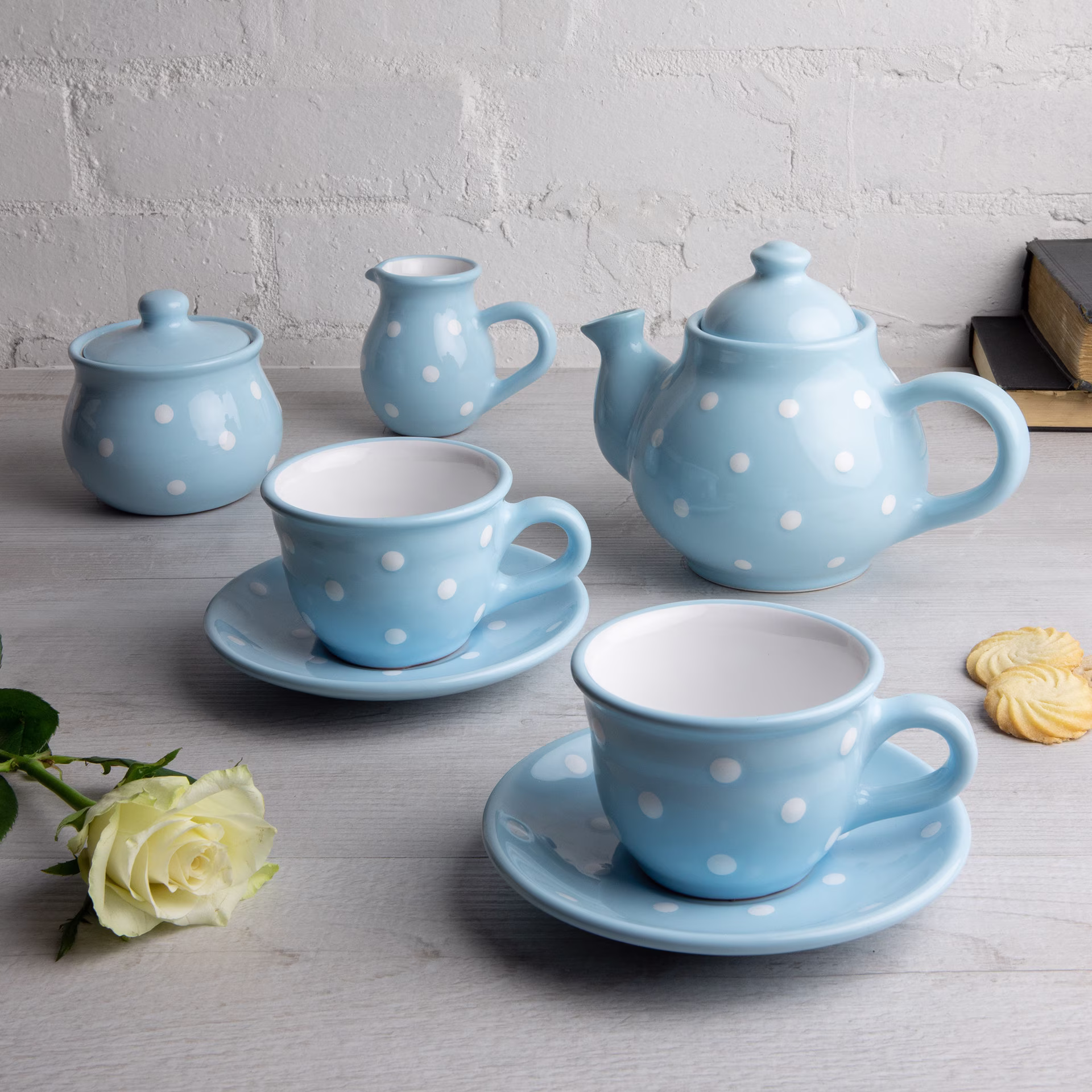 Sky Blue Ceramic Tea Set, Handmade Teapot Set For Two, Teapot, Milk Jug, Sugar Bowl, 2 Teacups & Saucers, White Polka Dot Pottery