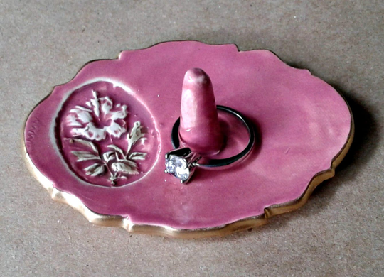 Ceramic Ring Holder Dish Rose Color Hibiscus Edged in Gold Wholesale Available
