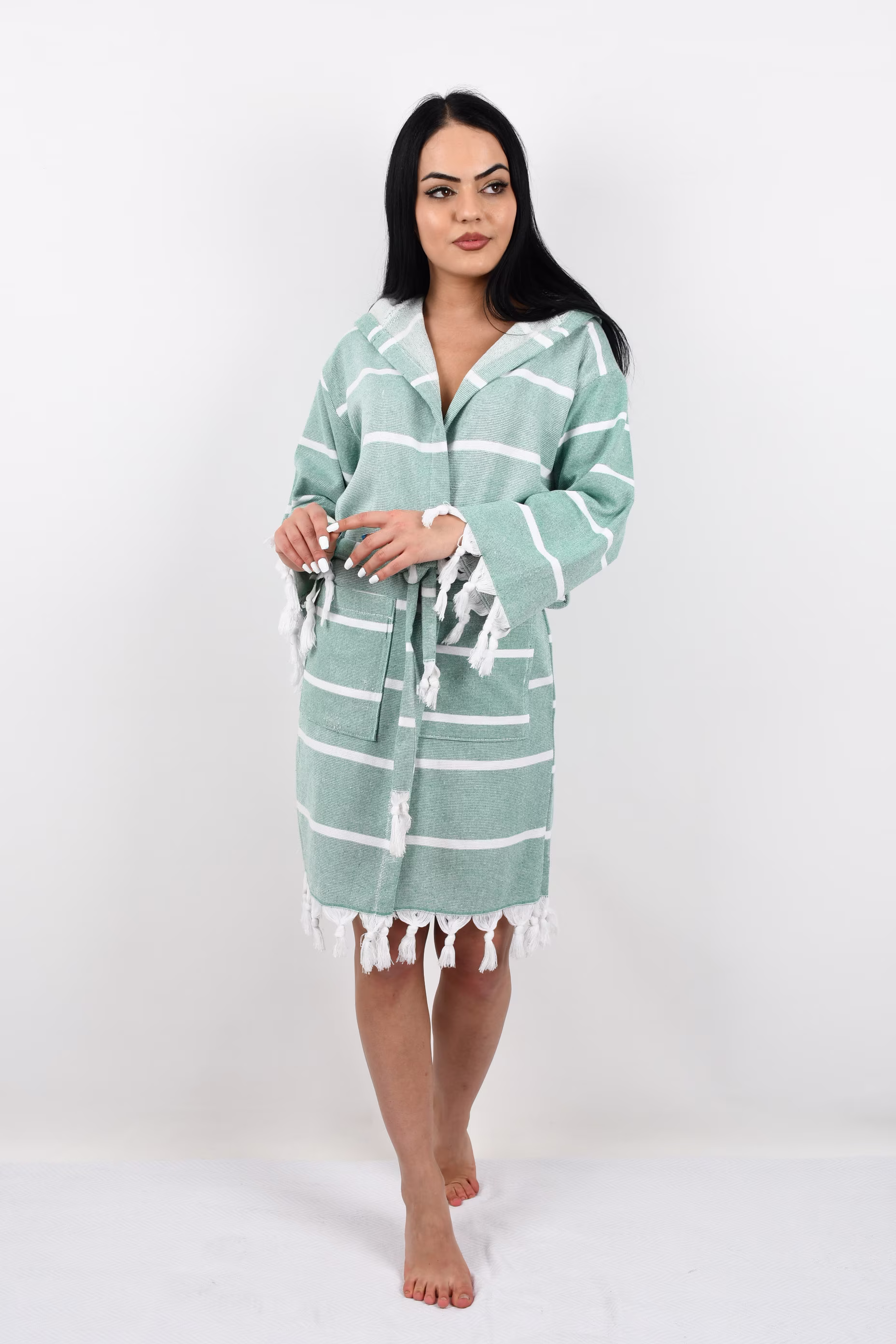 Soft Beach Cloth, Organic Bathrobe, Cotton Pajama, Turkish Gift Kimono, Terry Bathrobe, Green Striped Bathrobe