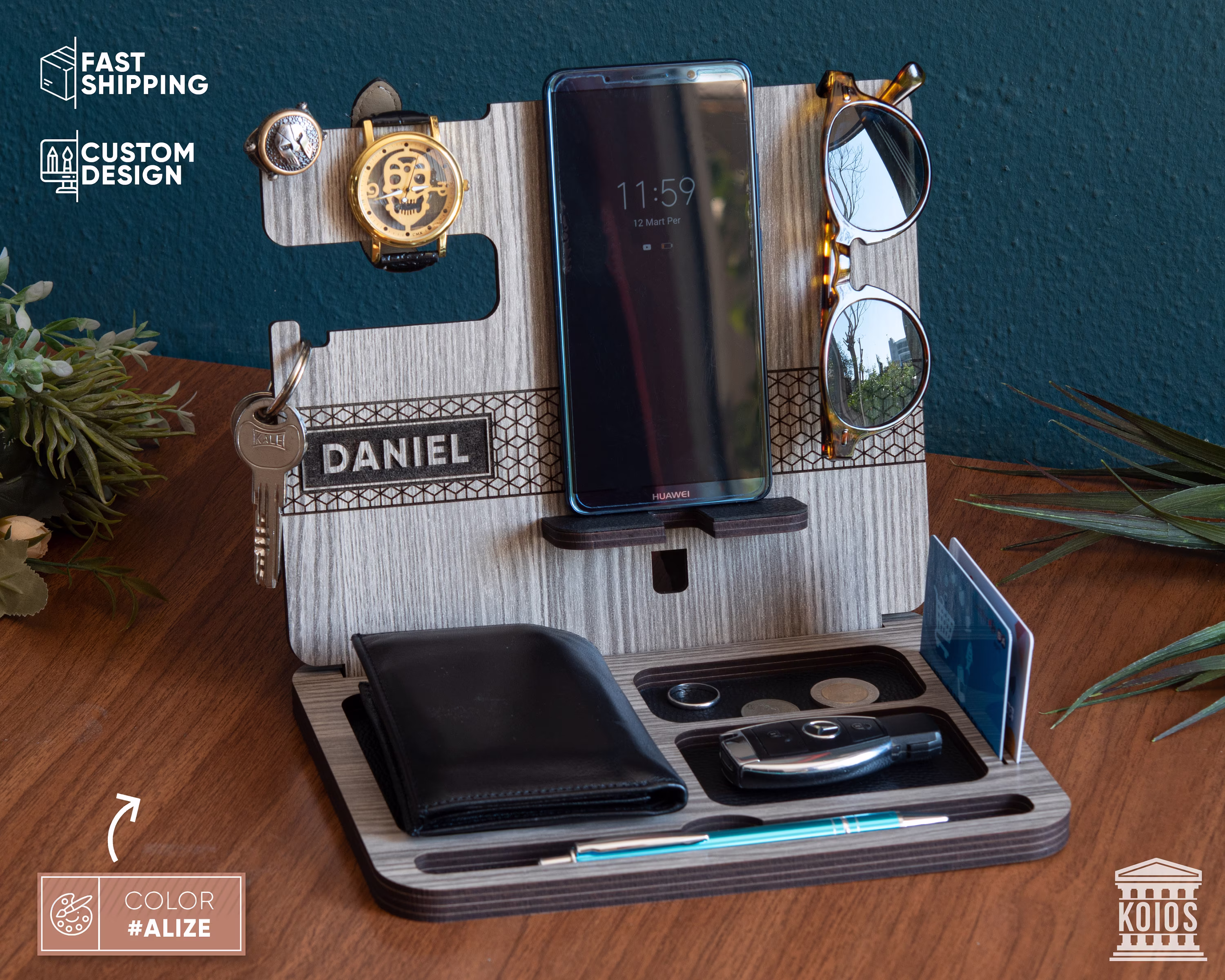 Gift For Him Personalized, Nightstand Valet, Desk Organizer, Tech Gifts, Men, Husband Mens Valet Tray, Bedside Organizer