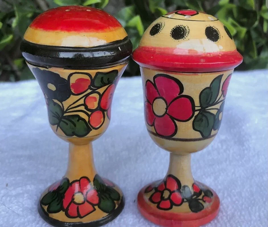 Vintage Russian Wooden Salt & Pepper Shakers