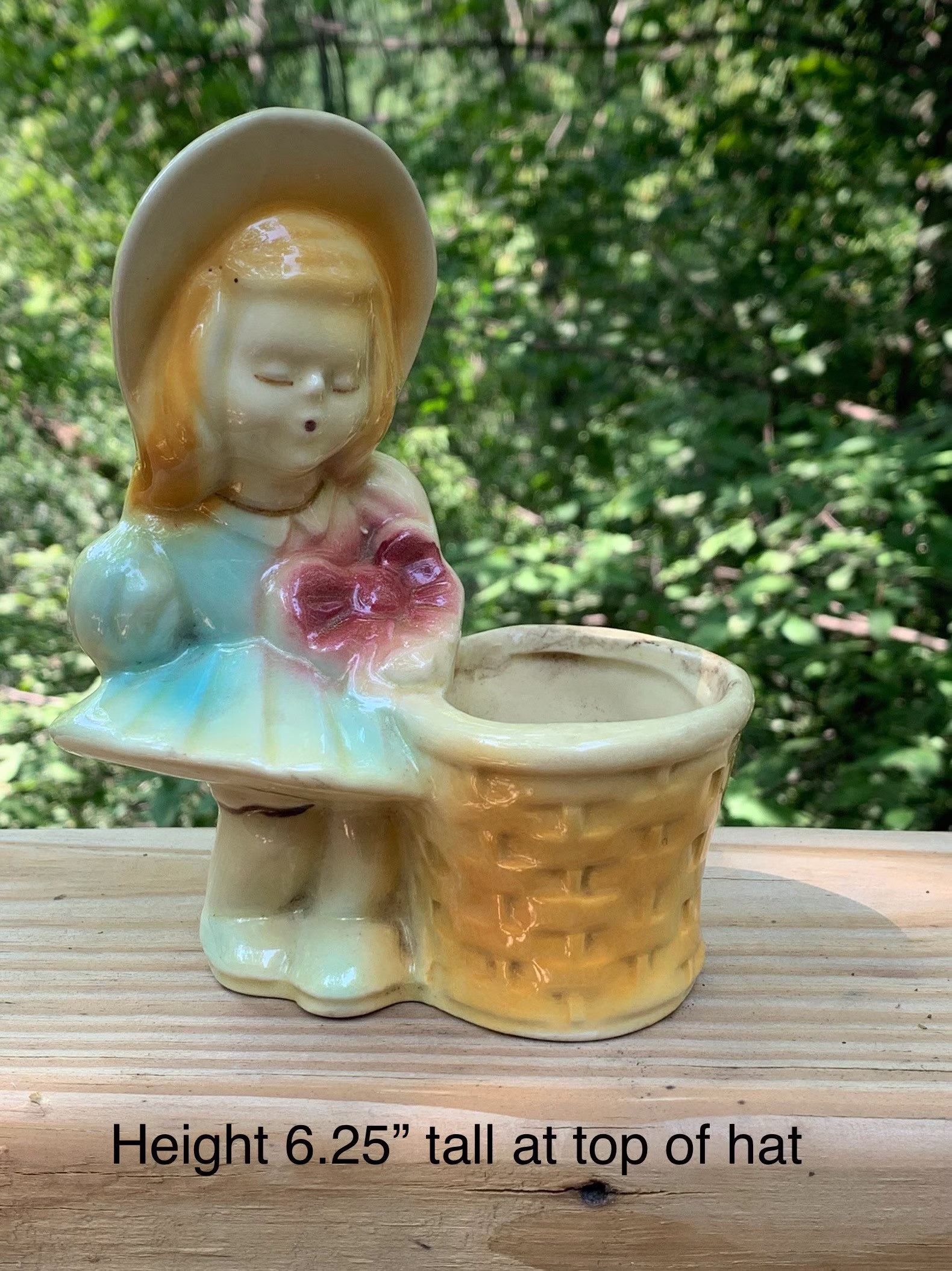 Vintage Ceramic Planter Girl in Bonnet With Basket Usa Pottery Shawnee