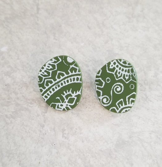 Green Studs - White Lace Pattern Organic Shape