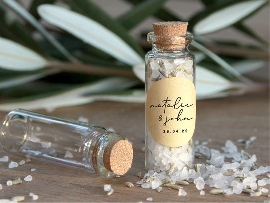 Mini Glass Jars For Your Event With Custom Names Or Message | Diy Favour Kits Rustic Wreath & Calligraphy Bath Salt, Tea, Sweet