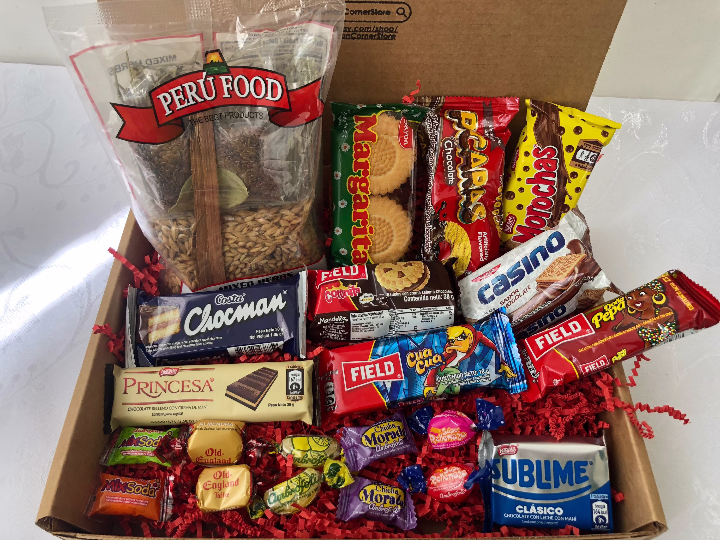 Peruvian Candy Box Assortments Cookies Chocolates Candies & Emoliente Mixed Herbs Peru Sweet Treats Gift Care Package Mix Lot 21Pc