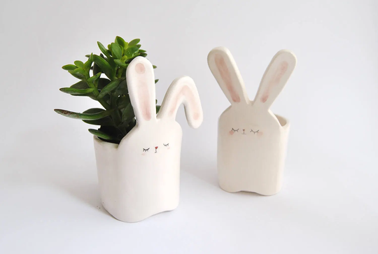 White & Pink Easter Ceramic Rabbit Planter in Two Shapes With Different Ears. Ready To Ship