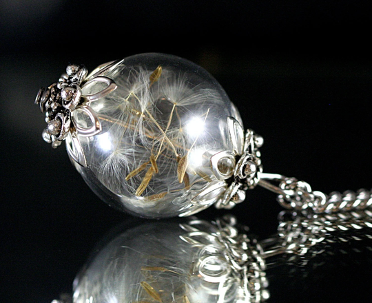 Real Dandelion Seeds Long Necklace. Vintage Silver Style