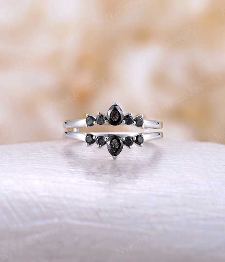 Vintage Salt & Pepper Diamond Wedding Band White Gold Ring Enhancer, Unique Matching Ring, Antique Stacking Bridal Anniversary