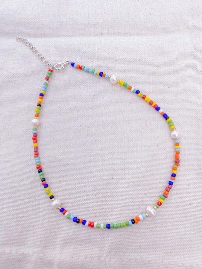 Colorful Seed Beaded Pearl Necklace | Trendy Preppy Dainty Summer