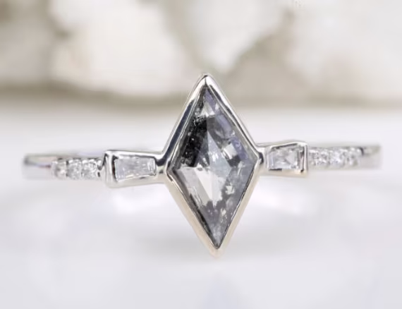 Salt & Pepper Diamond Engagement Ring Natural Kite Cut For Anniversary Gift Her