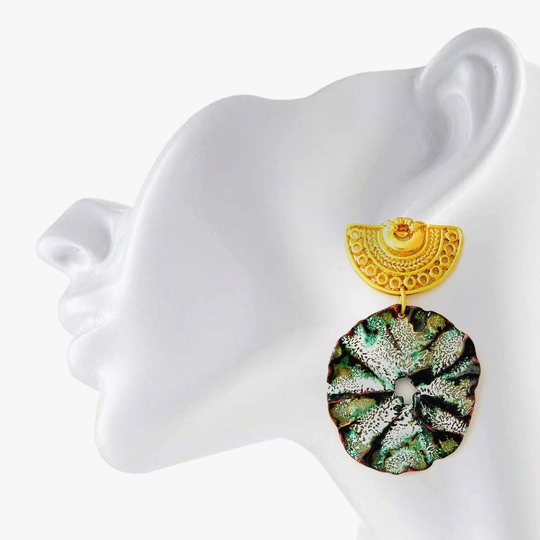 Organic - Pre-Columbian Fan Drop Earrings Enamel