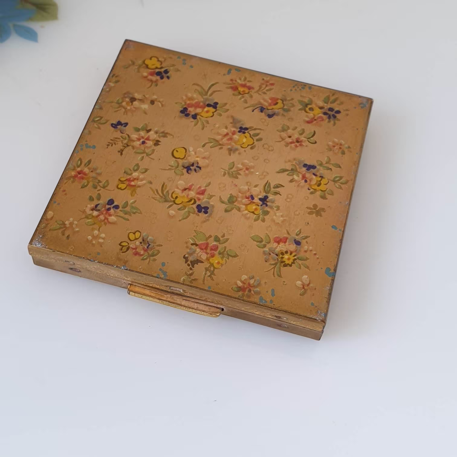 Art Deco Square Compact Case, Zenette Powder Case Originally Boxed Complete With Pouch, Yellow Ditsy