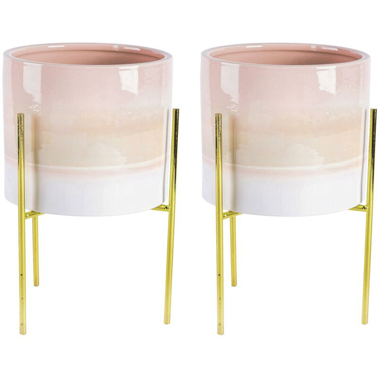 Reactive Glaze Plant Pots on Stands - 19cm - Natural/Gold - Pack of 2 - Nicola Spring