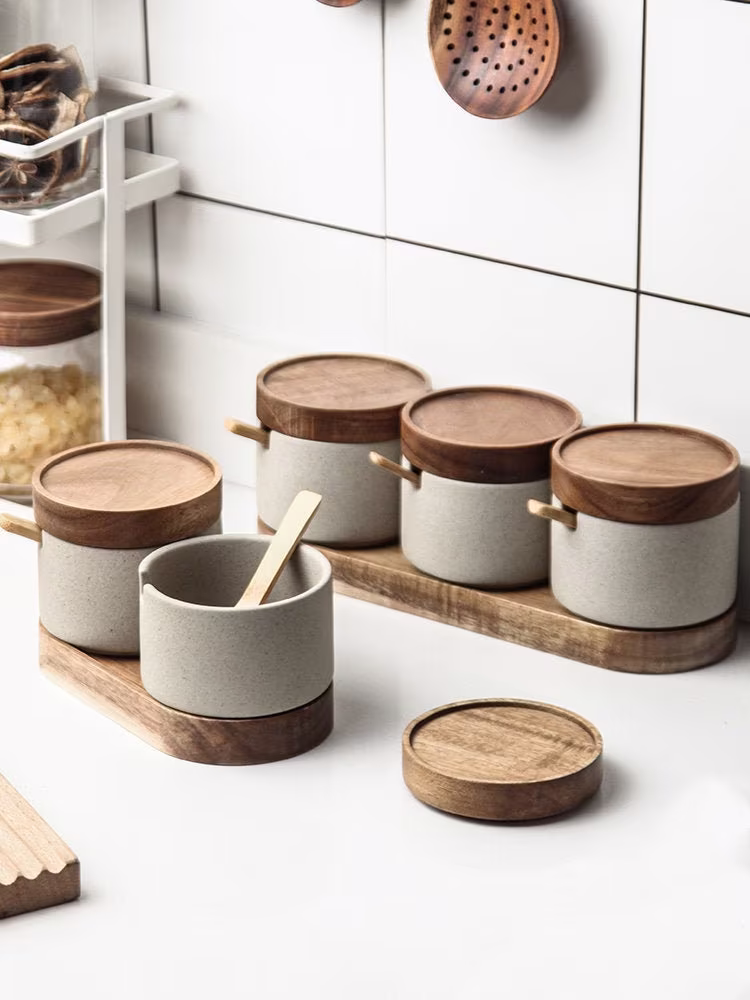 Japanese Style Retro Seasoning Pot | Vintage Box Set Acacia Wooden Tray With Spoon Ceramic Three-Piece Jar