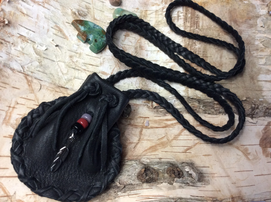 Handmade Leather Medicine Bag With Glass Beads & Metal Feather, Soft Deerskin Pouch Long Braid Necklace, Canadian Made