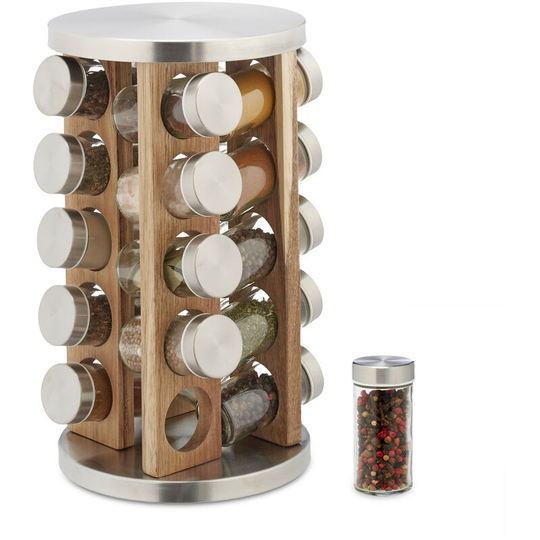 Spice Rack, 20 Glass Jars, Rotatable, Stainless Steel, h x d: approx. 34 x 19.5 cm, Silver/Natural - Relaxdays