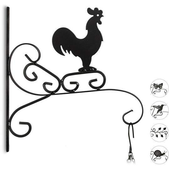 Plant Hook with Cock Motif, Flower Pot Hanger for the Wall, Metal Garden Decor, HxWxD: 30 x 28 x 2 cm, Black - Relaxdays