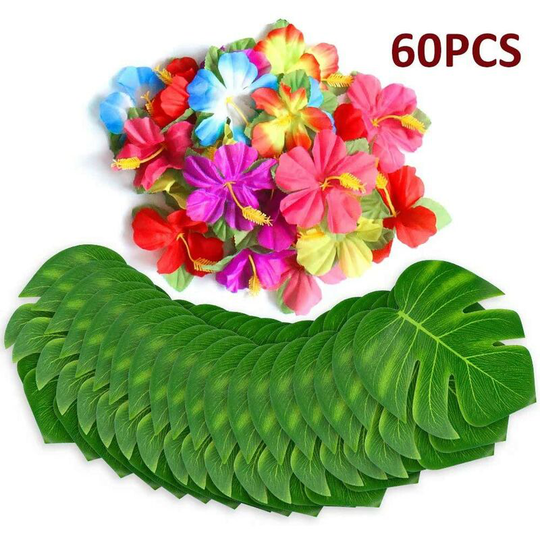 60pcs Tropical Party Decorations Supplies Tropical Palm Leaves Hibiscus Flowers Simulation Artificial Leaf for Hawaiian Luau Safari Party Jungle