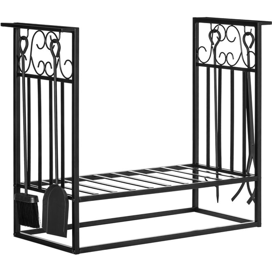 Homcom - Vintage Style Powder Coated Steel Firewood Log Rack Holder w/ Tools Black - Black