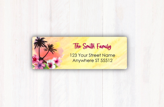Tropical Return Address Labels - Personalized Palm Tree Sunset Mailing Weatherproof