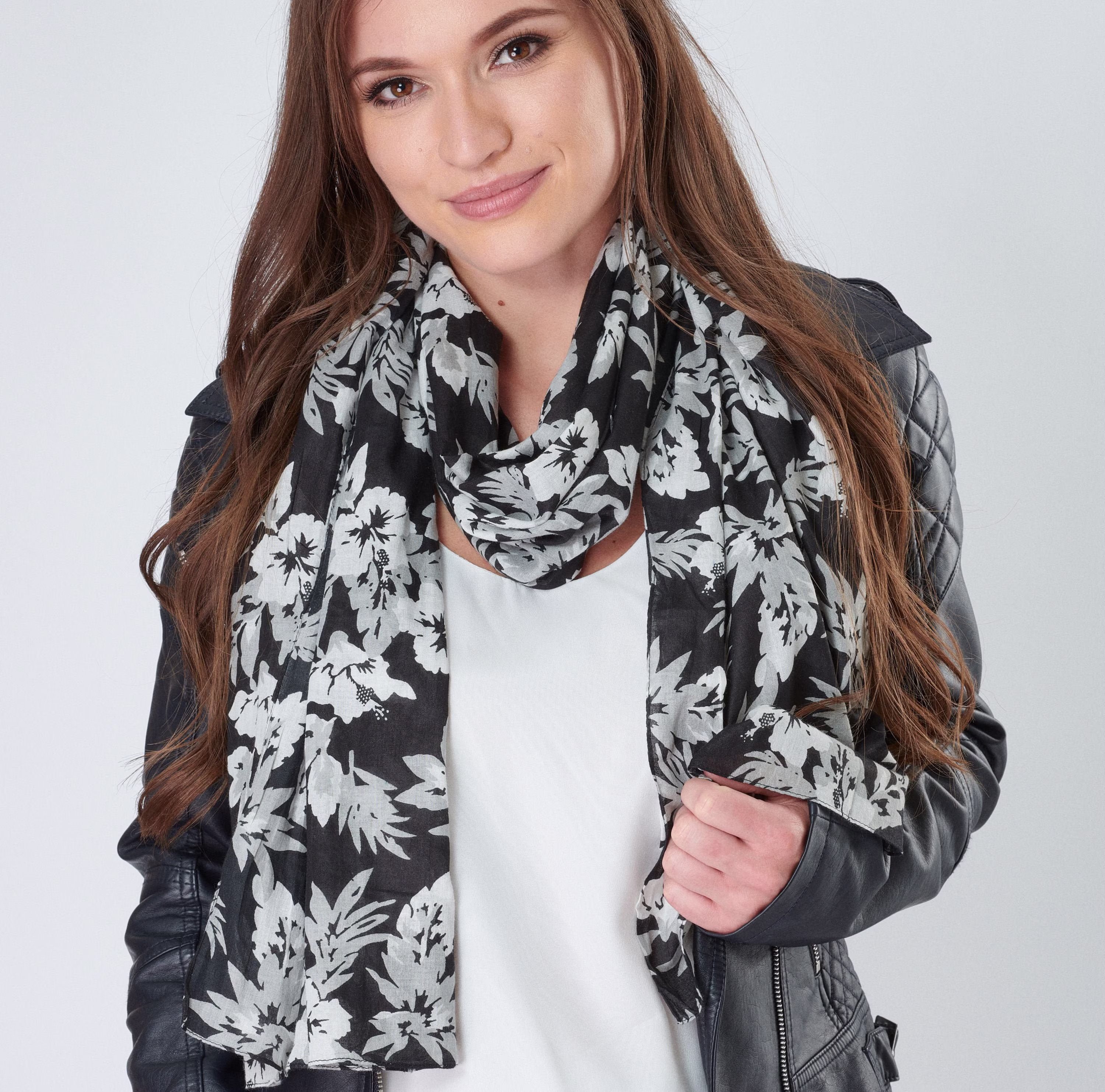 Organic Cotton Scarf With Bold Hibiscus Flower Print in Black White & Grey