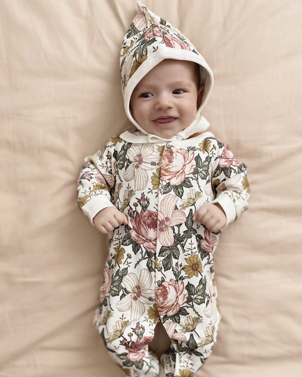 Hibiscus Rose Baby Jumpsuit, Long Sleeve Overall & Pixie Hat Forbaby, Organic Cotton Set, Hat, Babyshower Gift, Vintage Newborn Romper