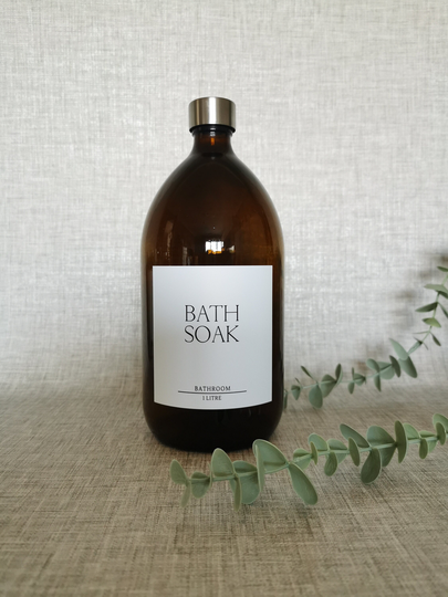 White Label 1 Litre Amber Glass Bottle | Reusable Refillable Bath Soak Salts Bubble Kitchen Bathroom