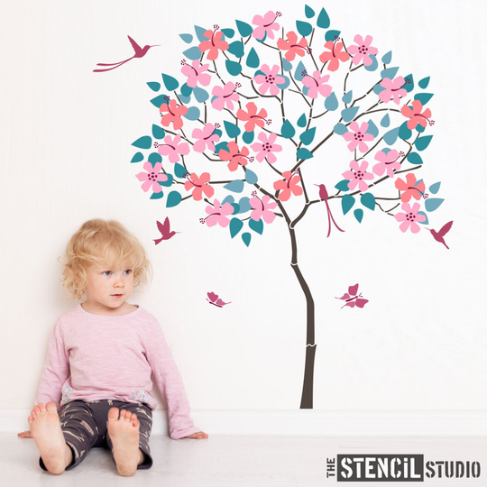 Round Tree With Hibiscus And Humming Birds Stencil Pack