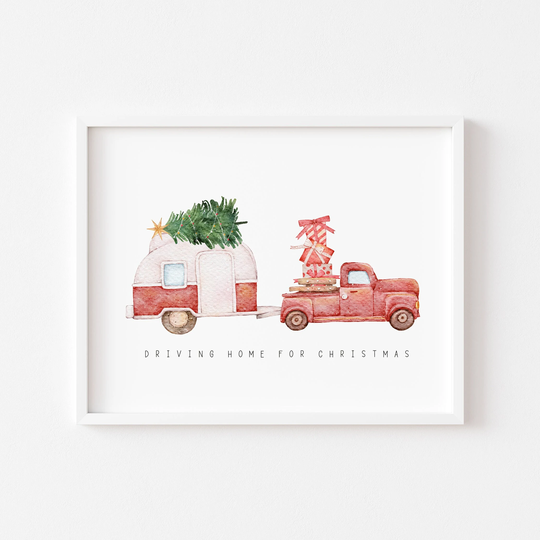 Driving Home For Christmas Watercolour Caravan/Motor Funny Illustration Unframed Print|xmas Decor|Seasonal Gifts|Wall Art Prints|Prints