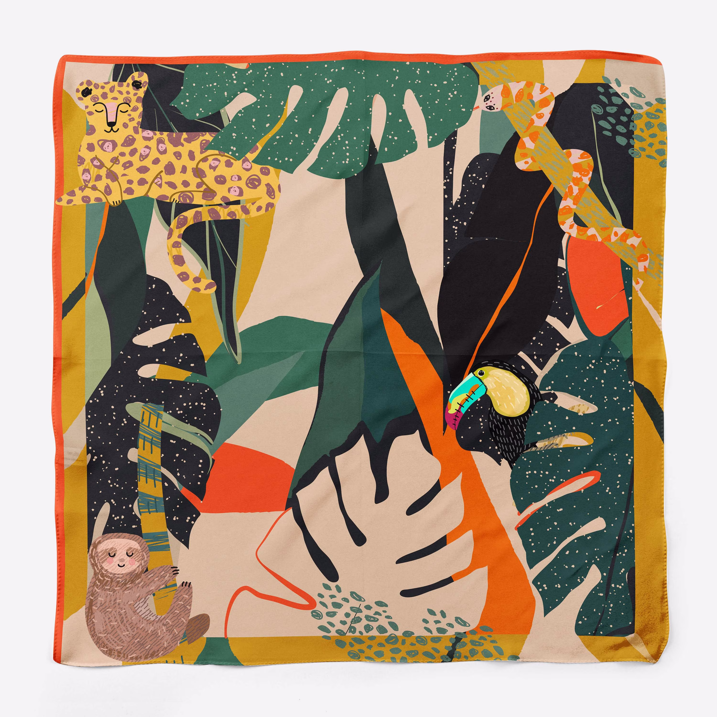 Jungle Season; Illustrated 100% Satin Silk Foulard 55x55 cm