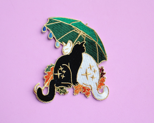 Umbrella Cat Iron On Patch Autumn Fall Cat Hugging Cats Seasonal Black & White Gift