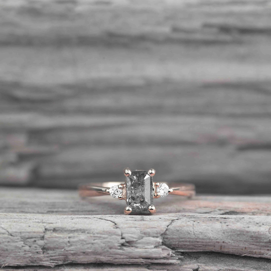 Emerald Cut Salt & Pepper Diamond Engagement Ring | Rose Gold Perfect Bridal Gray Promise