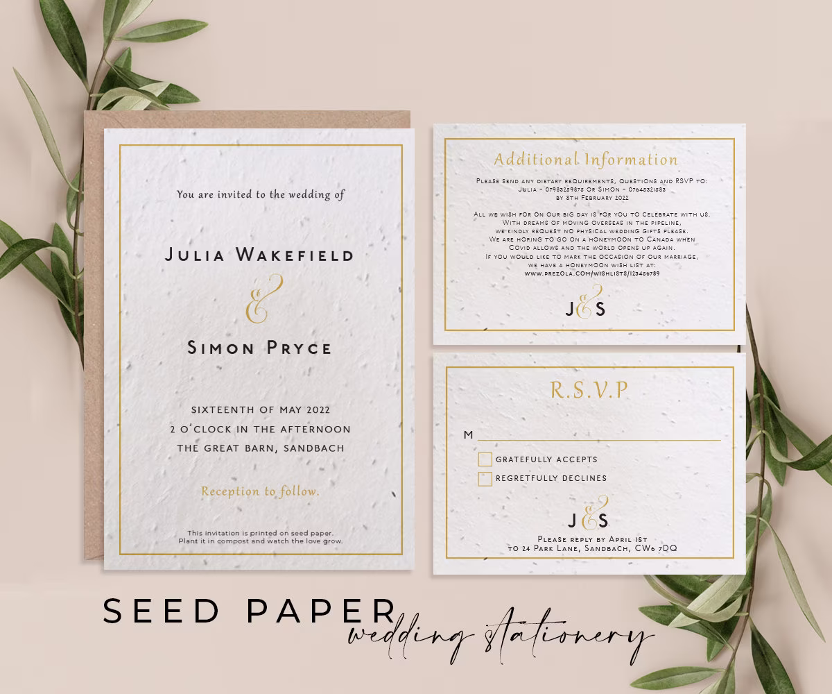 Plantable Seed Paper Eco-Friendly Sustainable Biodegradable Wedding Invitation - Classic