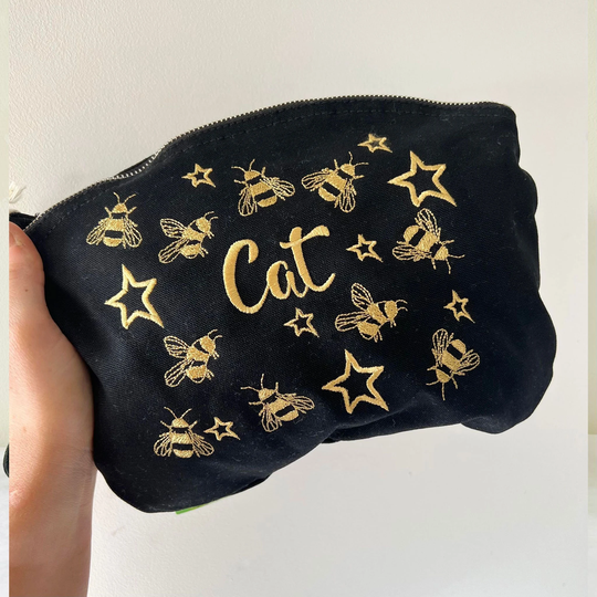 Personalised Organic Cotton Make-Up Bag/Clutch Bag - Eco Friendly Wash Embroidered Bees & Stars