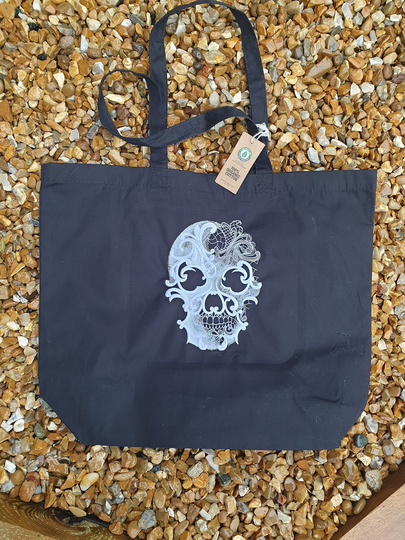 Skull Organic Cotton Tote, Embroidered Tote Bag . Shopping .gothic Bag, Gothic