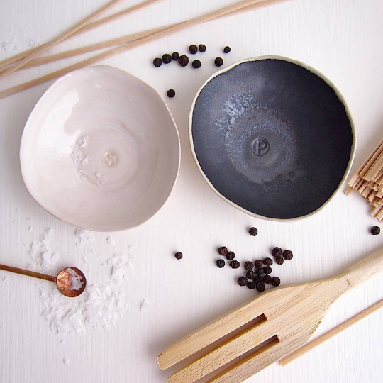 Handmade Pair Black + White Ceramic Salt + Pepper Dish