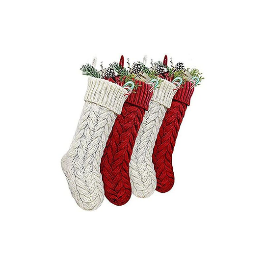 Kartokner - Set of 4 Large Knitted Christmas Stockings - Antique Seasonal Decor - Suitable for Family Holidays - 46cm