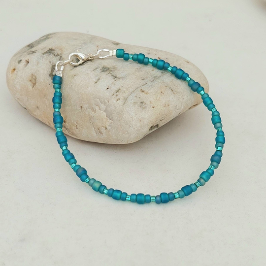Teal Bead Bracelet - Handmade Mermaid Seed Jewellery Sea Blue Green Glass Surf Made in Cornwall Cornish